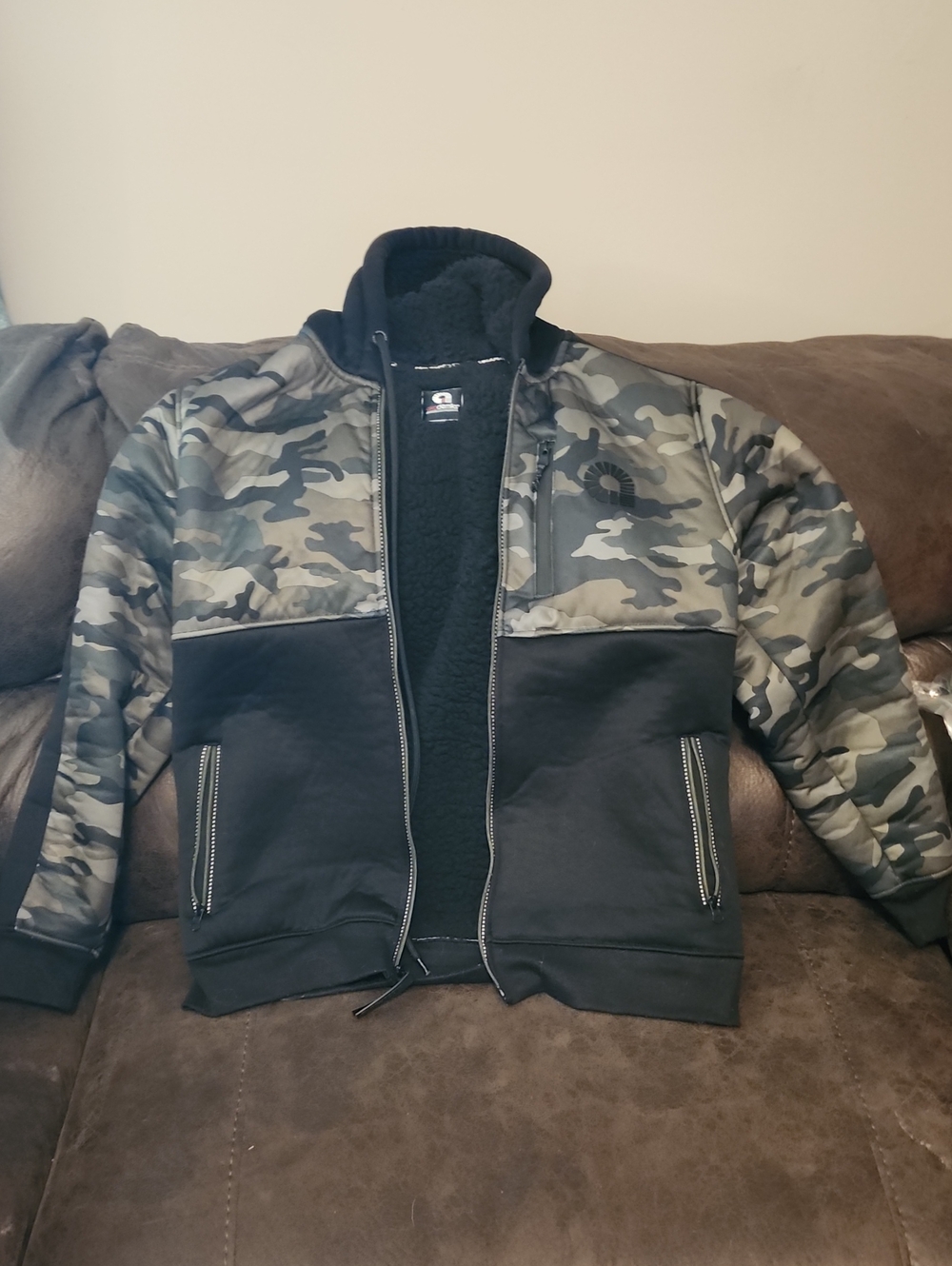 Akademiks Black Bomber Jacket with Green Camo Panels